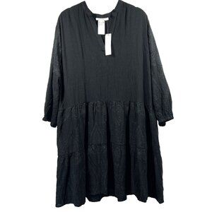 Chicos Women's Top Tunic Large Solid Black Embroidered Bohemian‎ 3/4 Sleeves NWT